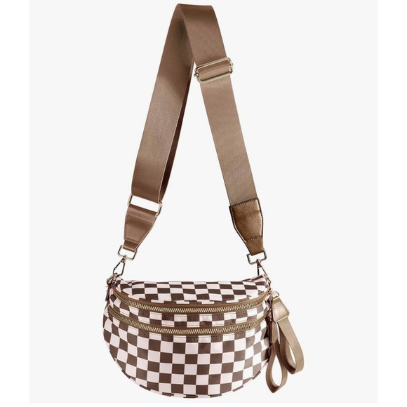 Brown & White Checkerboard Crossbody Sling Bag – Adjustable Strap, Anti-Theft Po - Picture 1 of 8